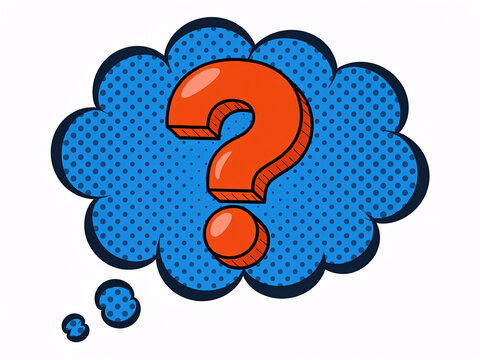 A cartoon thought bubble with a question mark symbol is depicted in a comic book style