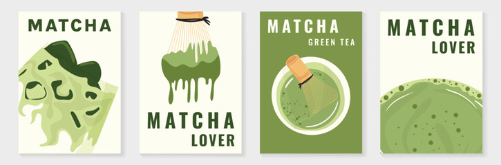 Fototapeta premium Matcha poster vector set with green tea cup, whisk, teapot and iced drink in retro pastel design. Suitable for cafe menu, wall art, beverage promotion and packaging.