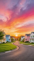 Obraz premium A picturesque suburban neighborhood at sunset with a winding road and colorful houses, evoking a sense of peace and tranquility.