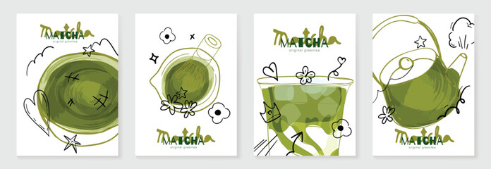 Fototapeta premium Matcha drink poster vector set with iced green tea, creamy soft serve topping and pastel cafe design. Suitable for beverage menu, wall art, cafe promotion and packaging.