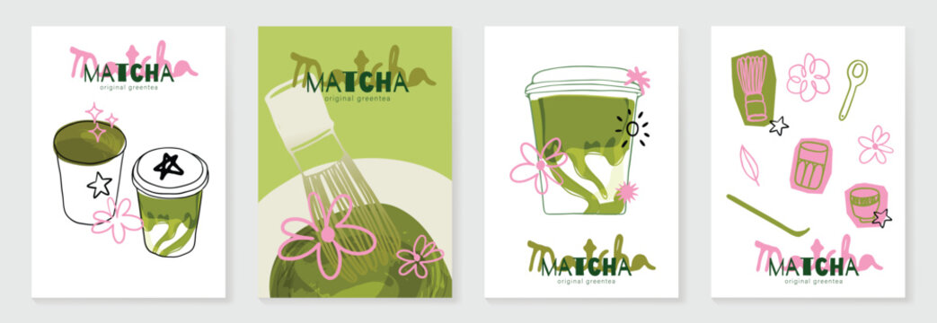 Matcha poster vector set with green tea cup, whisk, teapot and iced drink in retro pastel design. Suitable for cafe menu, wall art, beverage promotion and packaging.