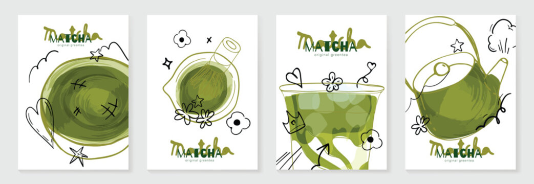 Matcha drink poster vector set with iced green tea, creamy soft serve topping and pastel cafe design. Suitable for beverage menu, wall art, cafe promotion and packaging.