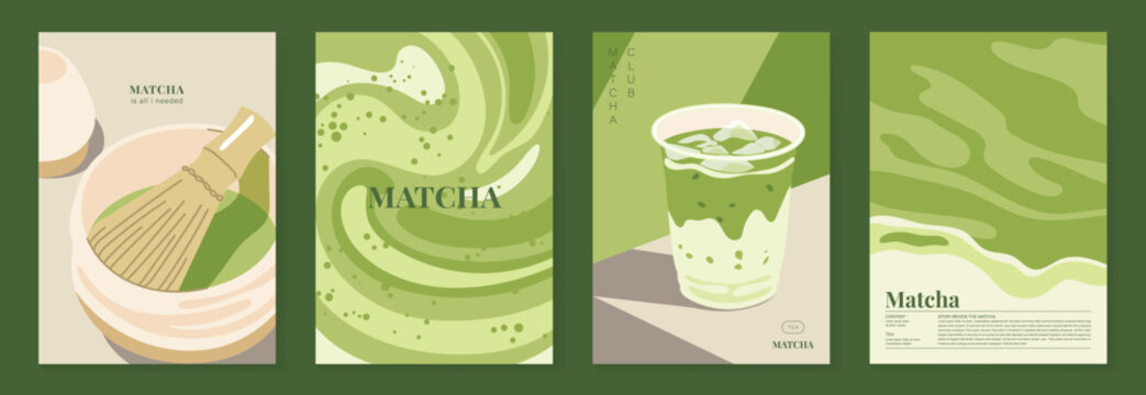 Matcha drink poster vector set with iced green tea, creamy soft serve topping and pastel cafe design. Suitable for beverage menu, wall art, cafe promotion and packaging.