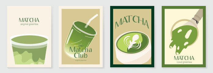Fototapeta premium Matcha poster vector set with green tea cup, whisk, teapot and iced drink in retro pastel design. Suitable for cafe menu, wall art, beverage promotion and packaging.