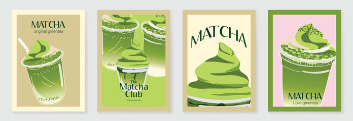 Naklejka premium Matcha drink poster vector set with iced green tea, creamy soft serve topping and pastel cafe design. Suitable for beverage menu, wall art, cafe promotion and packaging.