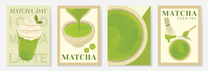 Fototapeta premium Matcha poster vector set with green tea cup, whisk, teapot and iced drink in retro pastel design. Suitable for cafe menu, wall art, beverage promotion and packaging.