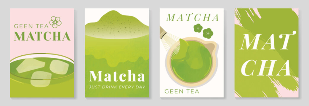 Matcha poster vector set with green tea cup, whisk, teapot and iced drink in retro pastel design. Suitable for cafe menu, wall art, beverage promotion and packaging.