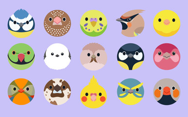 Fototapeta premium Large Collection of Fifteen Different Round Bird Faces Icons Set, Cute Avian Heads Graphic Flat Vector Illustration of Parrot, Owl, Sparrow and Finch