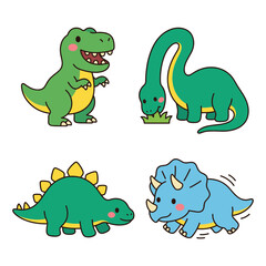 Naklejka premium Collection of Cute Colorful Dinosaur Characters for Kids, Prehistoric Reptiles Including Green Brontosaurus, Stegosaurus and Blue Triceratops Vector