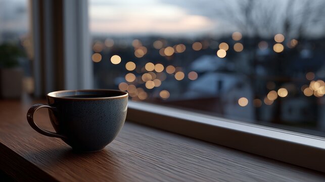 Warm coffee and cozy evening lights in a cozy caf&eacute;
