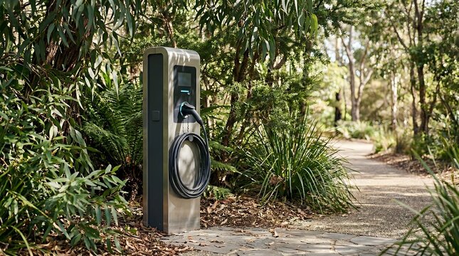 Electric vehicle charging station in forest setting, Earth Day