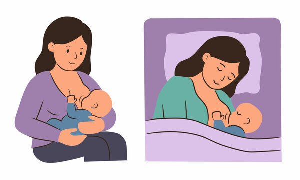 Mother Breastfeeding Baby Set - Sitting and Lying Down Position Cute Cartoon Vector Illustration