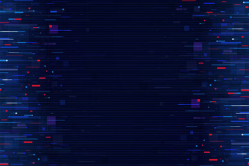 Obraz na płótnie Canvas Pixel glitch effect on noise screen background. Abstract digital backdrop with horizontal blue and red distortion lines. Vector dynamic cyber technology futuristic screen interference or motion effect