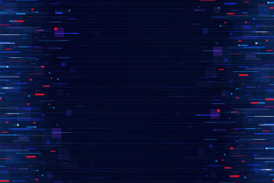 Pixel glitch effect on noise screen background. Abstract digital backdrop with horizontal blue and red distortion lines. Vector dynamic cyber technology futuristic screen interference or motion effect