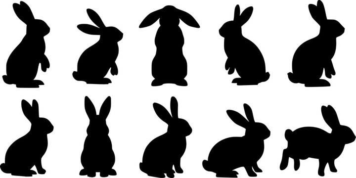 A collection of black silhouettes depicting rabbits in various jumping and sitting poses
