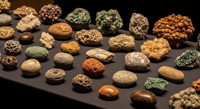 Collection of Diverse Geodes and Agates Displayed on a Dark Surface.