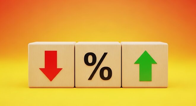 Interest rate percentage wooden blocks, financial growth and decline arrows, mortgage and banking concept on orange background