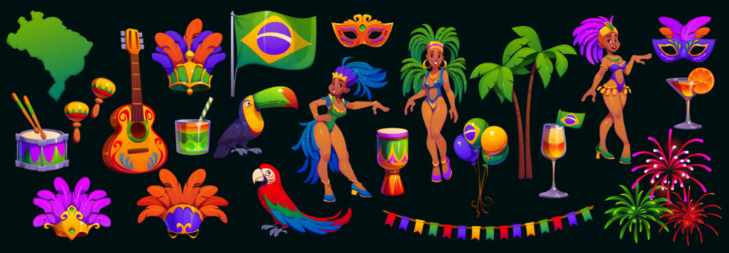 Brazil carnival party characters, music instruments and drinks, vector Rio de Janeiro carnaval set. Cartoon samba dancers, carnival party feather masks, Brazil map and flag, palms, toucan and parrot