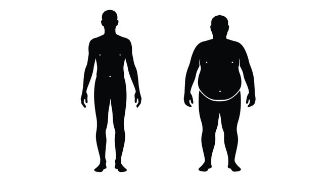 Silhouette comparison of a slim and obese male body front view