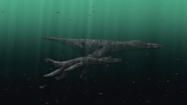 4K, 12-second animation of massive Kronosaurus pliosaurs swimming and hunting in a dark prehistoric ocean with detailed sunbeams, features other ancient marine reptiles