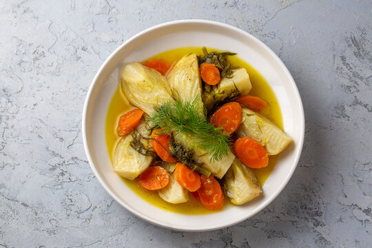 Traditional Turkish Fennel Cooked in Olive Oil with Carrots and Fresh Dill