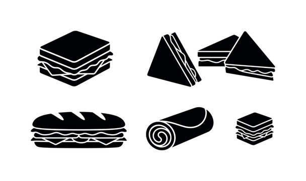 Sandwich whole layered rectangular form, sandwich half cut triangle pieces, baguette sandwich long filled shape, wrap sandwich