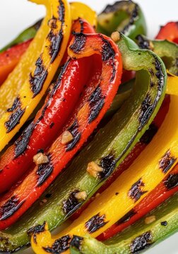 Grilled bell pepper strips are arranged closely together and show prominent char marks from cooking.