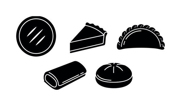 Savory pie round crust with vent cuts, quiche slice wedge form, filled pastry empanada half moon, sausage roll elongated shape,