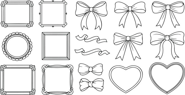 Doodle bows and ribbons set with minimalist bowknot elements, curly line art frames for wedding invitation and decorative card design