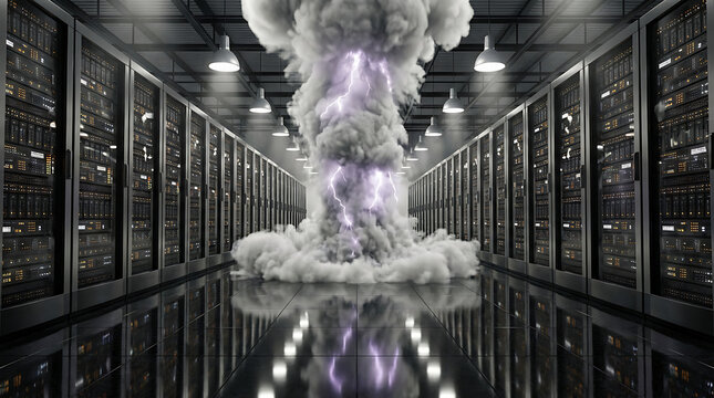 Cloud Computing Storm Surge Inside Data Center Hall Representing System Failure Risk Power Outage and Critical Infrastructure Vulnerability for Security Awareness