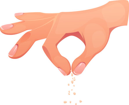 Hand sprinkling salt between fingers during cooking process. Close up of human hand gesture with seasoning grains falling down. Isolated cartoon vector food preparation and kitchen action stage