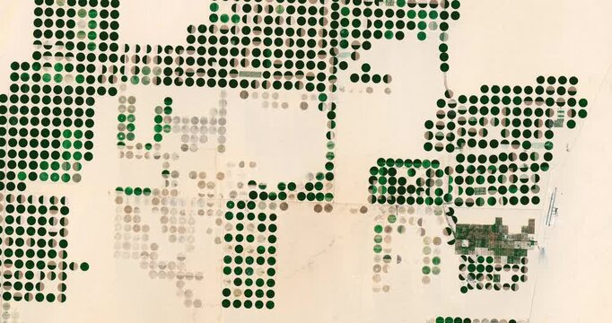 Aerial view on agricultural circles in desert area. Camera is moving left and up. Animation based on image by NASA