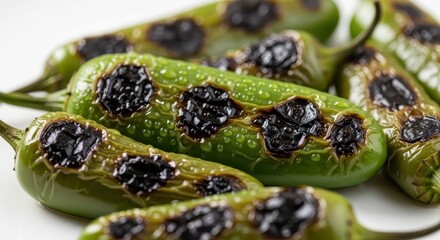 Fototapeta premium Grilled jalapeno peppers are arranged together on a bright white surface.