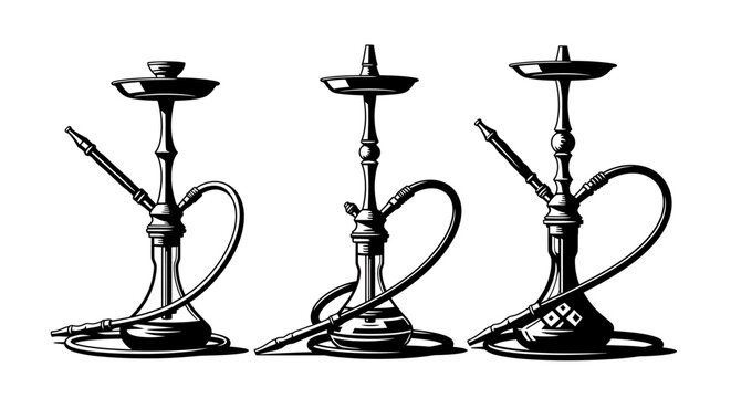 Three traditional hookahs with hose and bowl