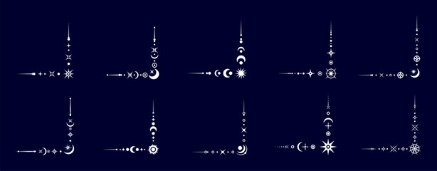 Naklejka premium Magic mystic celestial border corners. Elegant vector corner frames in gold. Mystical moon, sun, and stars for tarot cards, astrology themes, spiritual branding, witchcraft, horoscope layout