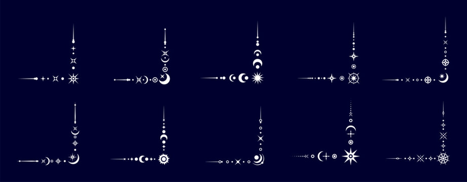Magic mystic celestial border corners. Elegant vector corner frames in gold. Mystical moon, sun, and stars for tarot cards, astrology themes, spiritual branding, witchcraft, horoscope layout