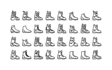 Naklejka premium Ski boots with alpine boots, cross country boots, touring boots, freestyle boots and winter sport footwear designs clean monoline