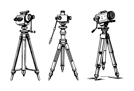 Antique surveyor's tripod set with hand-inked line art featuring vintage, architectural, measurement instruments with antique and surveying