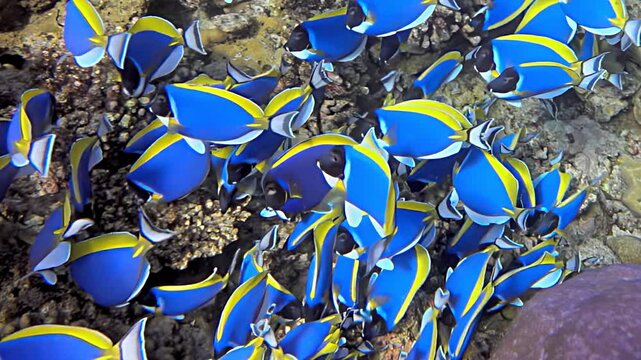 Watch as vibrant palette surgeonfish move in slow motion through the crystal-clear waters of a coral reef. Their bright colors shimmer, creating a stunning display of underwater life and beauty.