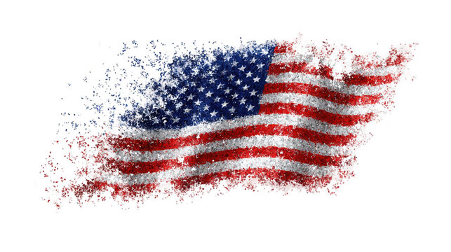 A pixelated American flag dissolving into particles on transparent background