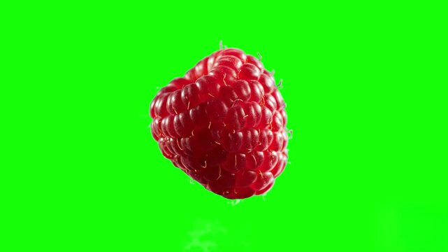 A detailed shot of a single ripe, juicy raspberry, isolated against a chroma key green background, perfect for food design and healthy lifestyle content.