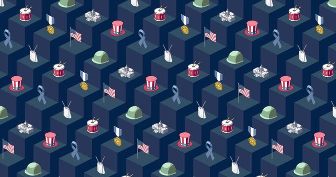 Colorful veteran's day and memorial day isometric loop animation on dark blue geometric background