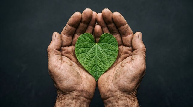 Pair of hands holding green heart shaped leaf, Earth Day