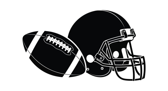 American football helmet and ball in a black and white silhouette