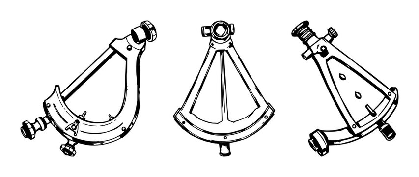 Antique maritime sextant set with rough sketchy art featuring nautical, compass, antique instruments with line art and illustration