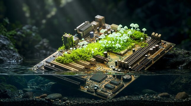 Computer motherboard with moss and mushrooms in water, Earth Day