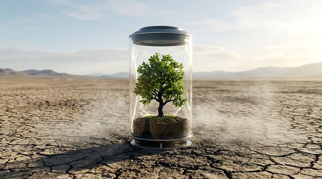 Glass dome with tree in cracked dry desert, Earth Day
