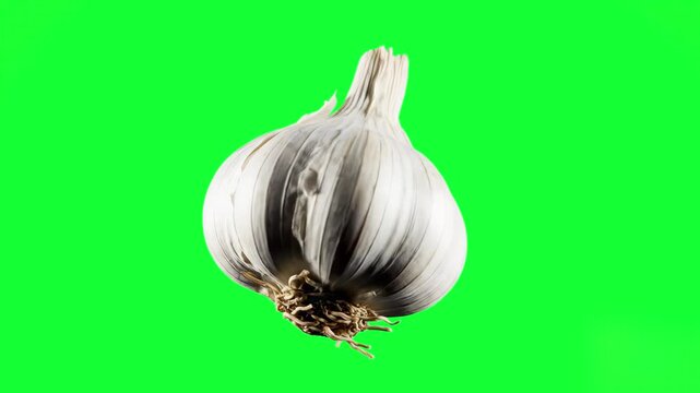 A detailed whole garlic bulb floating and spinning in the air. This high-quality 3D animation is isolated on a green screen background, perfect for cooking, health, and culinary-themed videos.