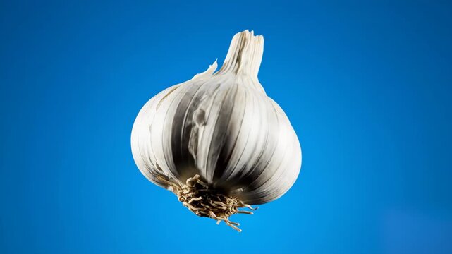 A detailed, high-resolution photo or realistic 3D render of a whole, single garlic bulb with intact skin and roots. This clean visual is suitable for food branding, healthy eating guides, or culinary 