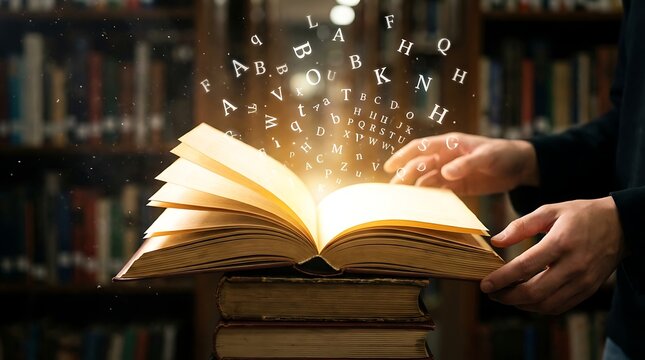 Unveiling the Magic of Knowledge: A Book and Its Secrets. A person reading an old book with flying letters representing the power of reading and knowledge
